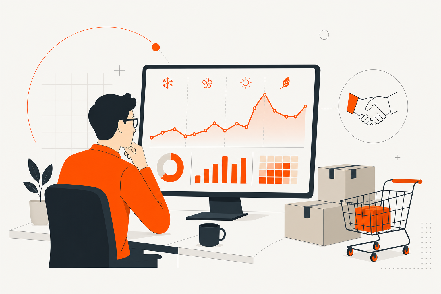 Analista de dados revisando gráficos de vendas sazonais em um computador