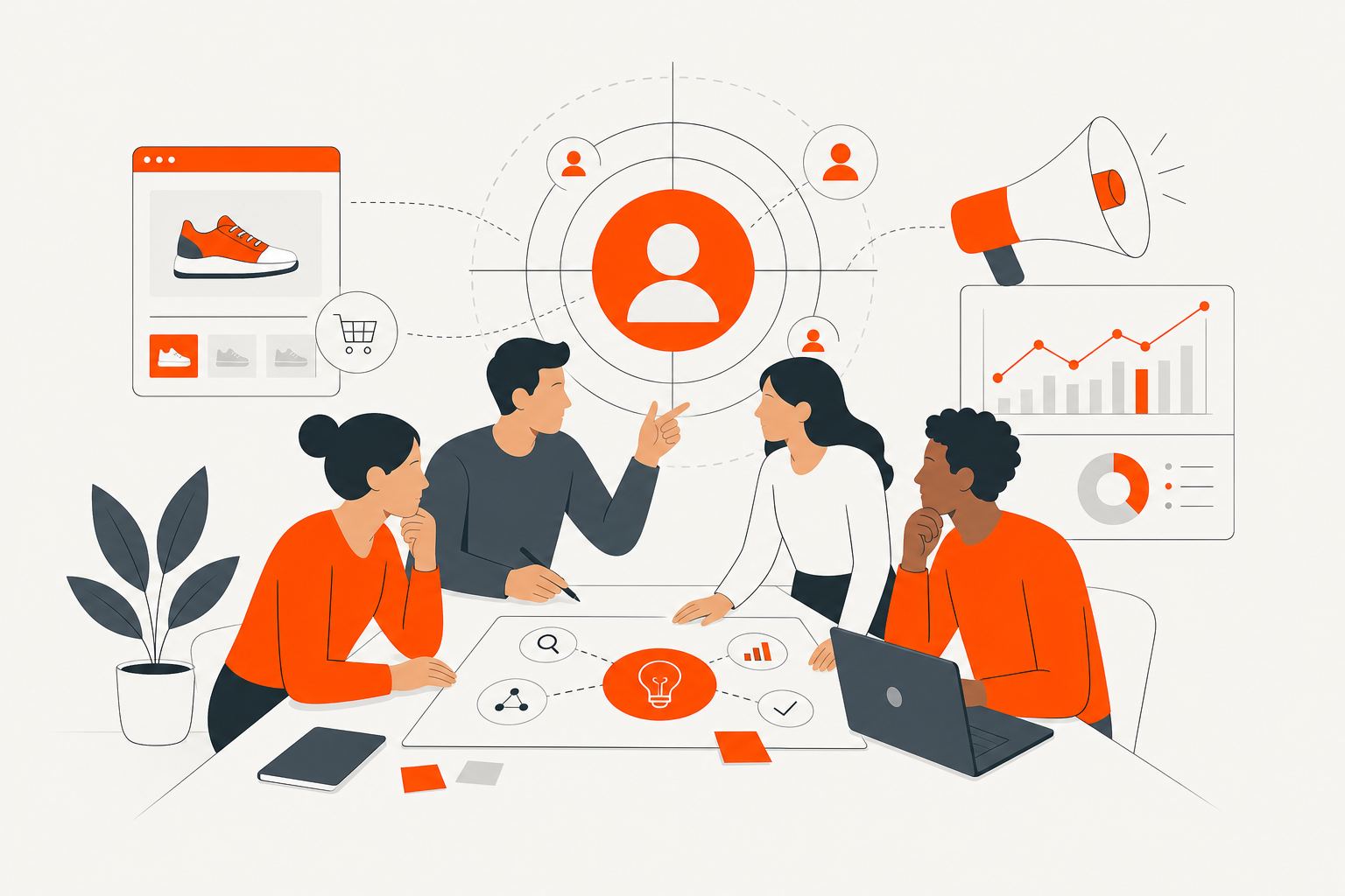 Equipe de marketing discutindo estratégias para melhorar a qualidade dos anúncios e a segmentação de público